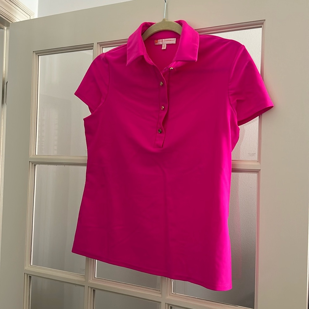 Jude Connally Hot pink collered athleisure  top with gold buttons size medium
